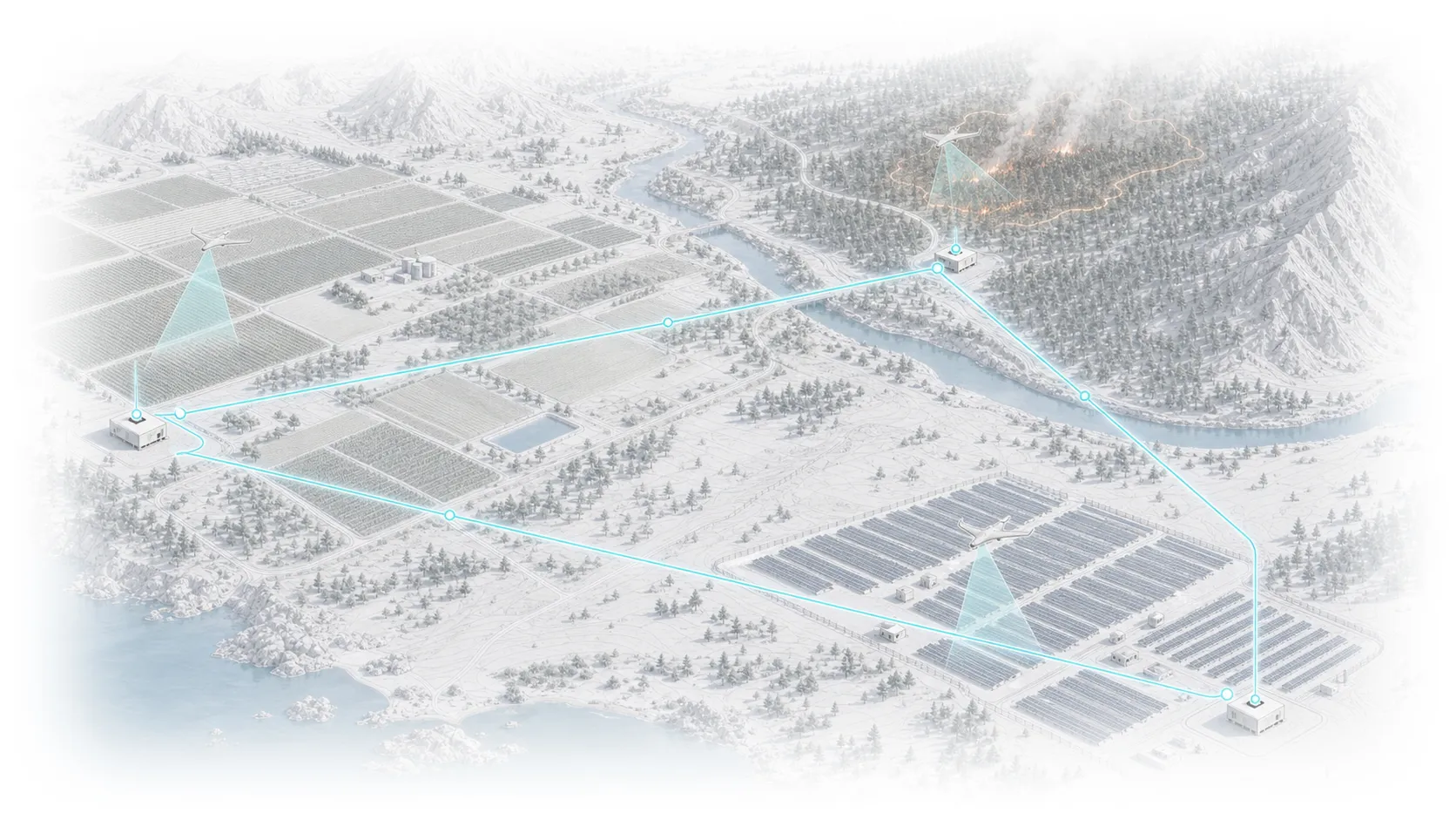 Technical drawing of the FarSight network of autonomous aerial nodes across a landscape