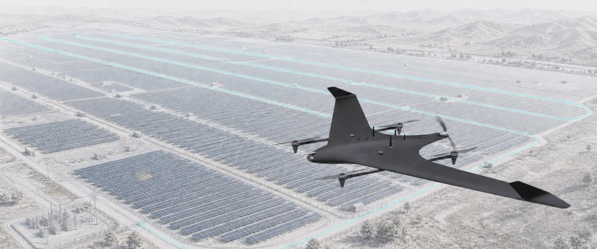 Isometric illustration of a TerraHawk aircraft surveying a solar farm