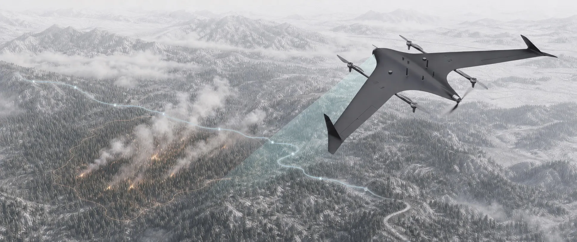 Isometric illustration of a TerraHawk aircraft watching a wildfire front