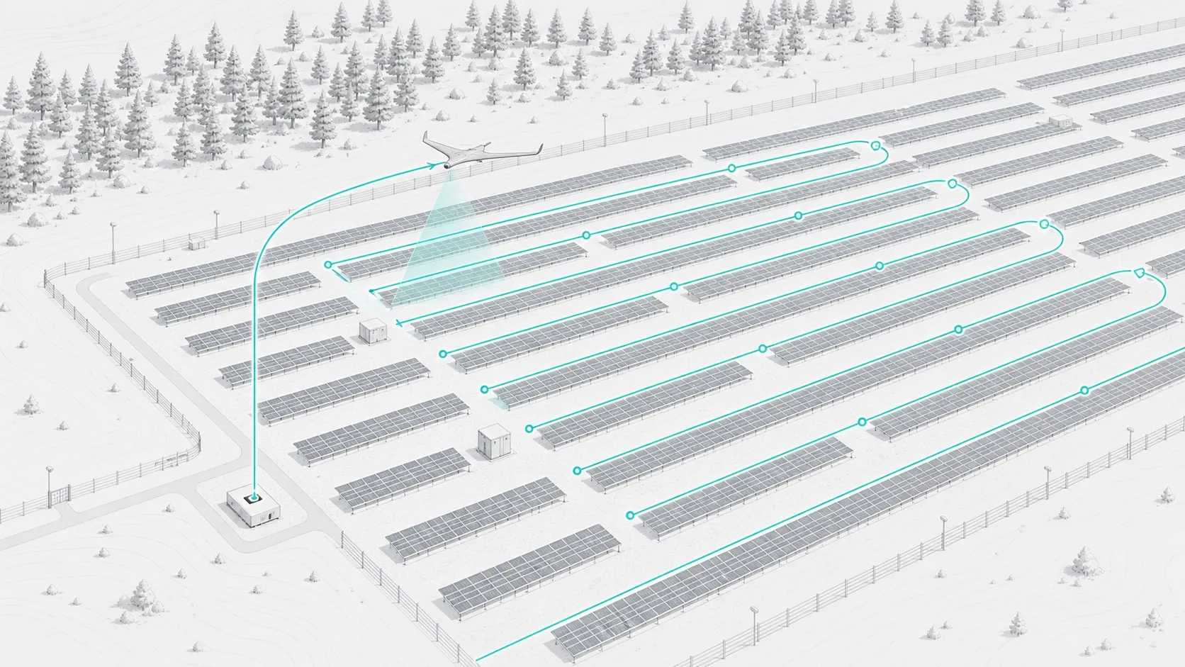 Isometric illustration of a TerraPOD hangar deployed on a solar farm