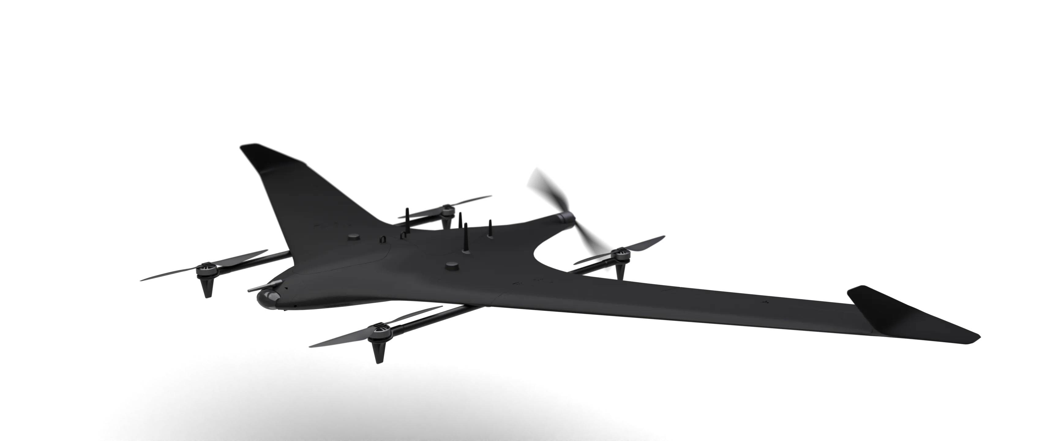 TerraHawk seen from above and ahead, showing the blended-wing body, the four rotor booms and the swept tail.